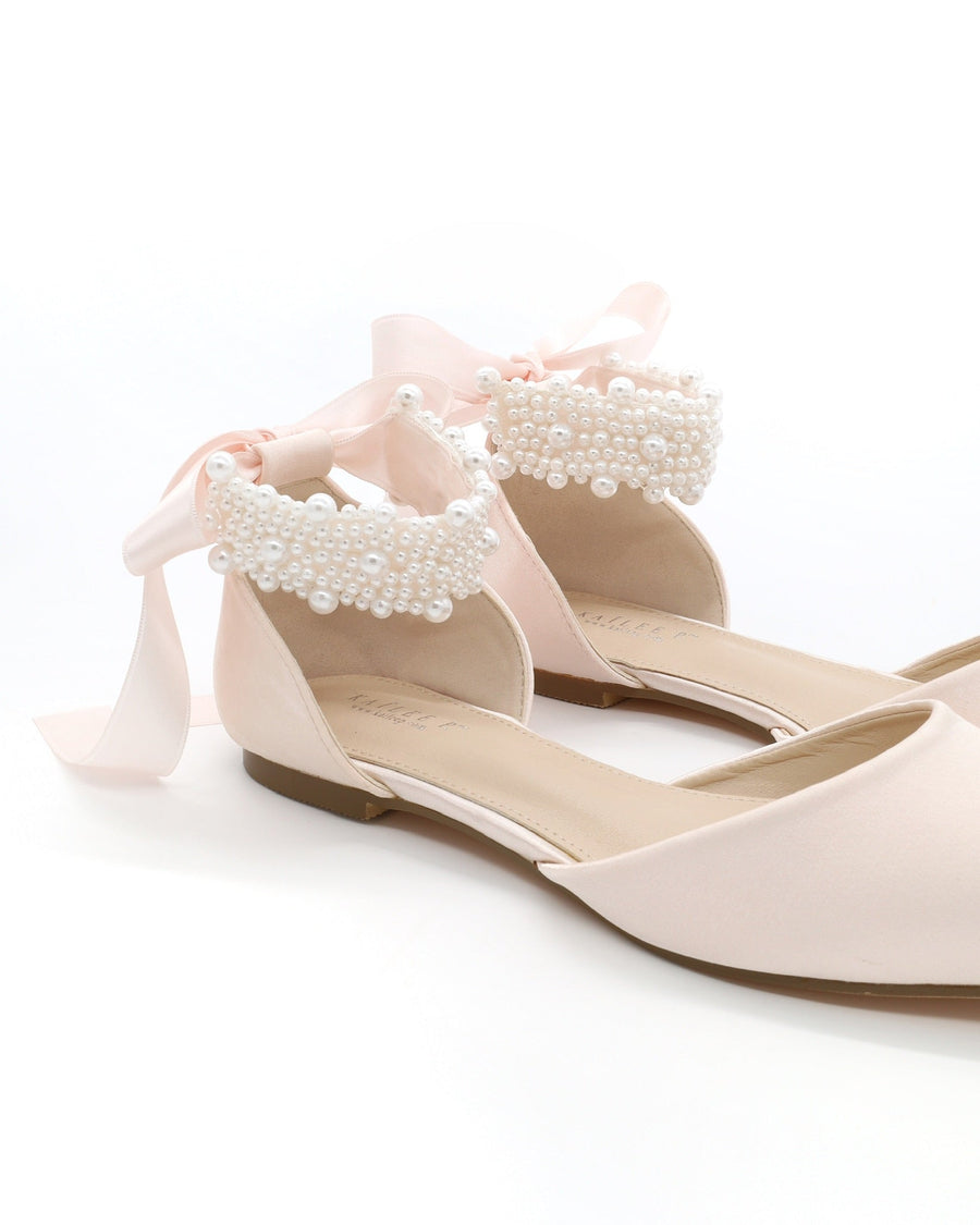 Satin Pointy Toe Evening Flats with Perla Ankle Strap - Glamourous Grace