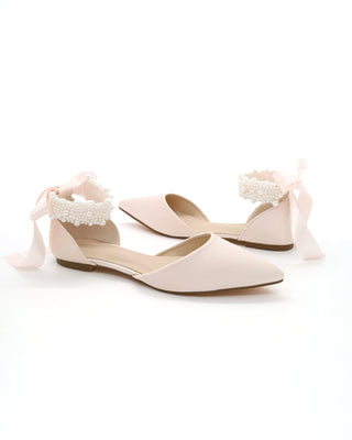Satin Pointy Toe Evening Flats with Perla Ankle Strap