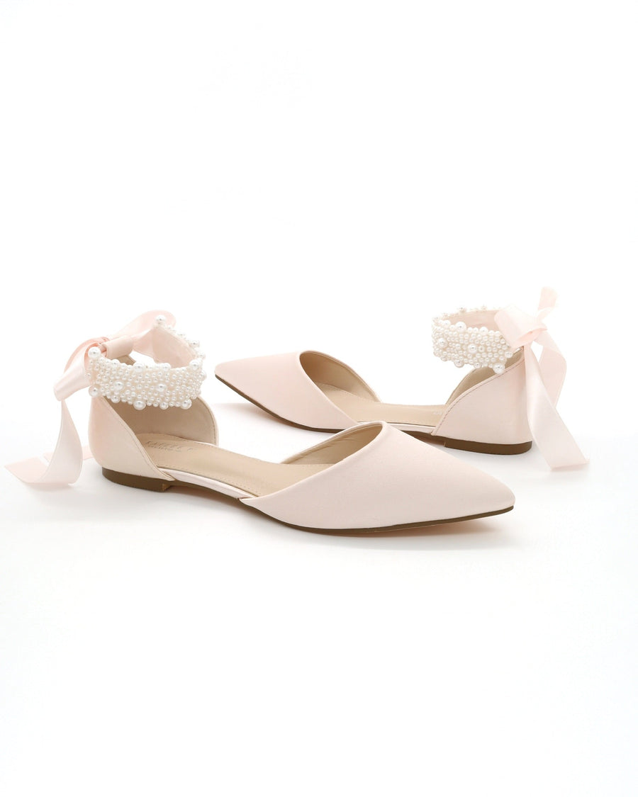 Satin Pointy Toe Evening Flats with Perla Ankle Strap - Glamourous Grace
