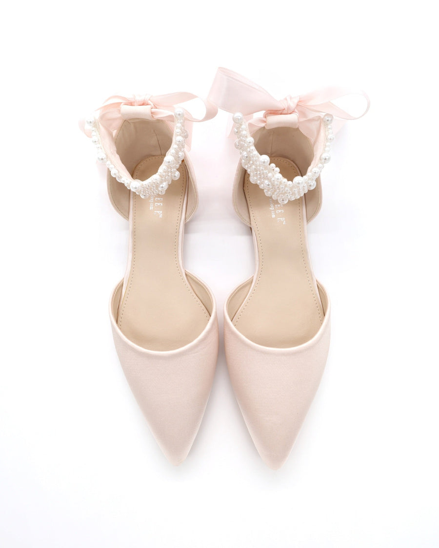 Satin Pointy Toe Evening Flats with Perla Ankle Strap - Glamourous Grace