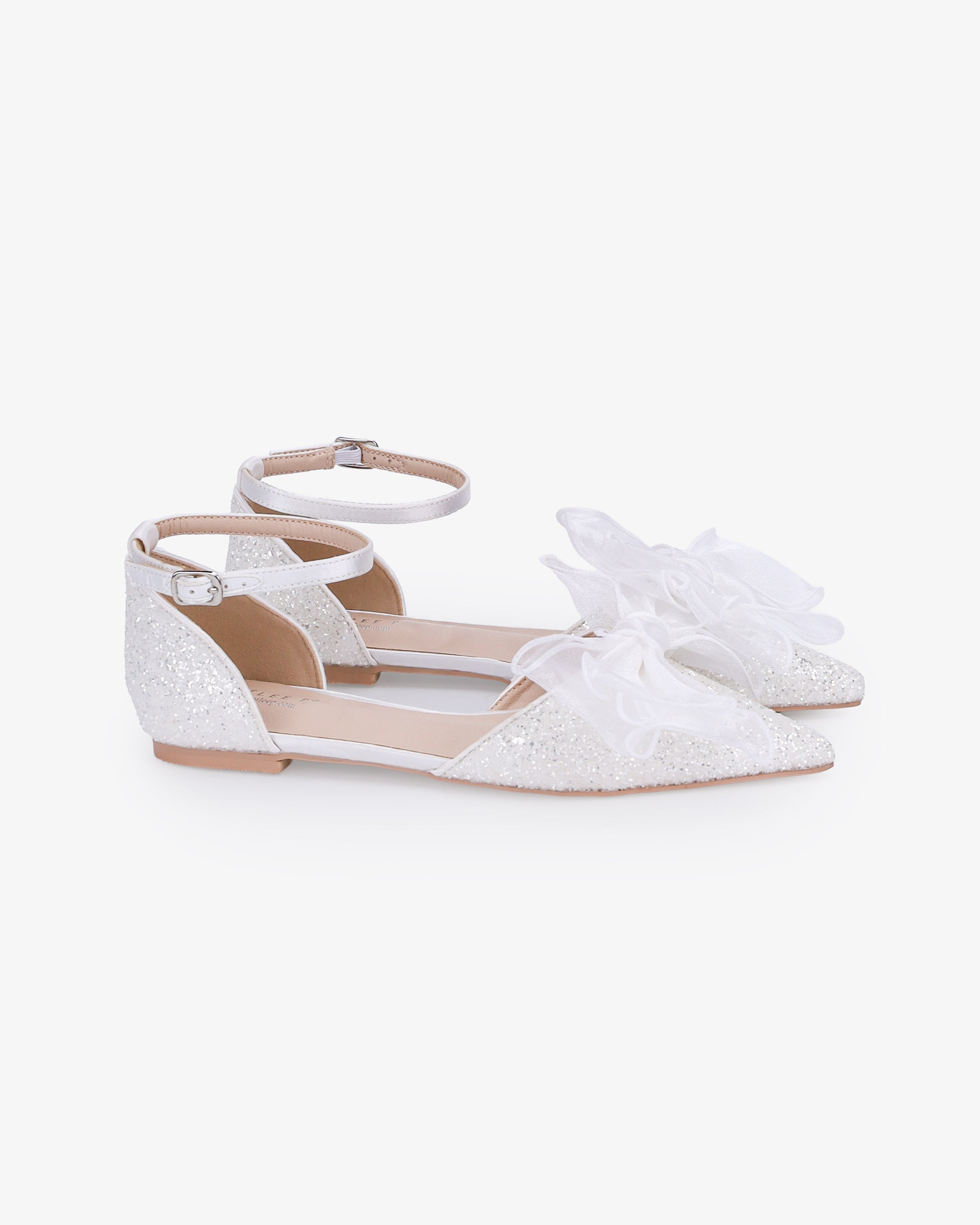 Rock Glitter Pointy Toe Flats with Organza Bow - Glamourous Grace