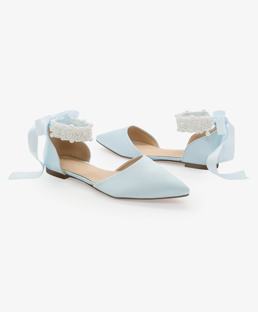 Satin Pointy Toe Wedding Flats with Perla Ankle Strap - Glamourous Grace