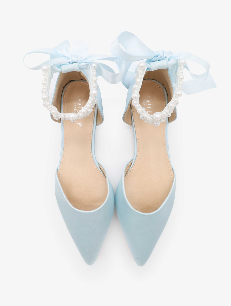 Satin Pointy Toe Wedding Flats with Perla Ankle Strap - Glamourous Grace