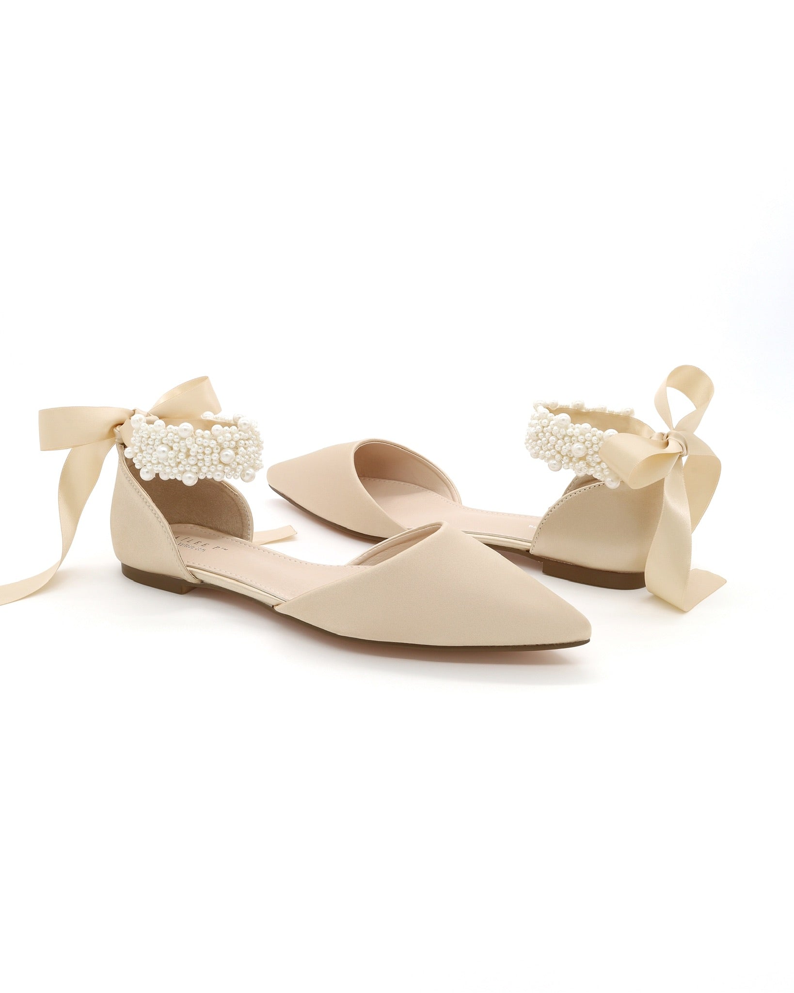Satin Pointy Toe Evening Flats with Perla Ankle Strap