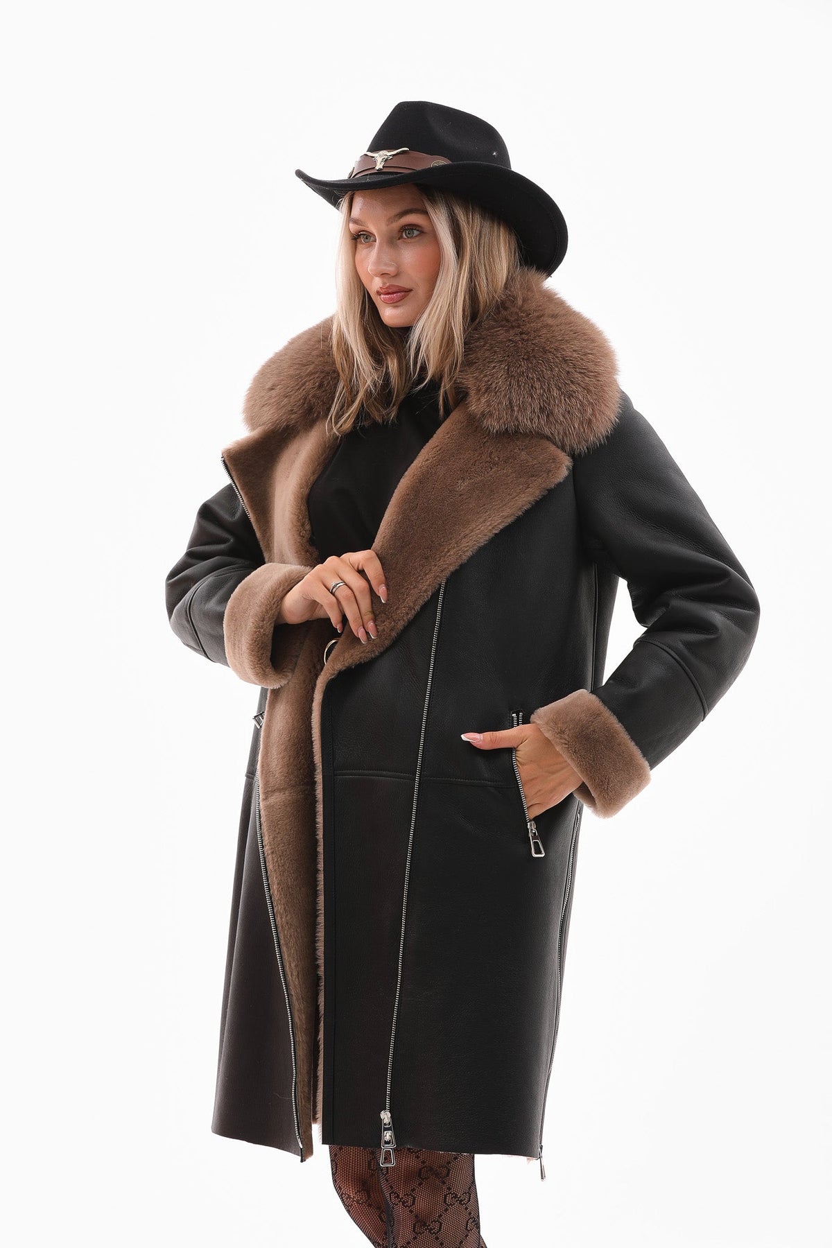 The Onyx Caramel Shearling & Fox Fur Leather Women Jacket