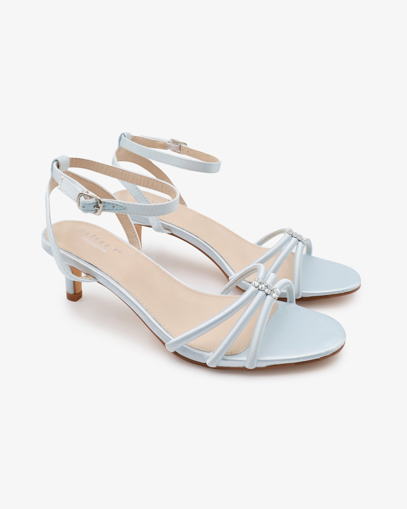 Satin Strappy Kitten Heel Wedding Sandals with Rhinestones - Glamourous Grace