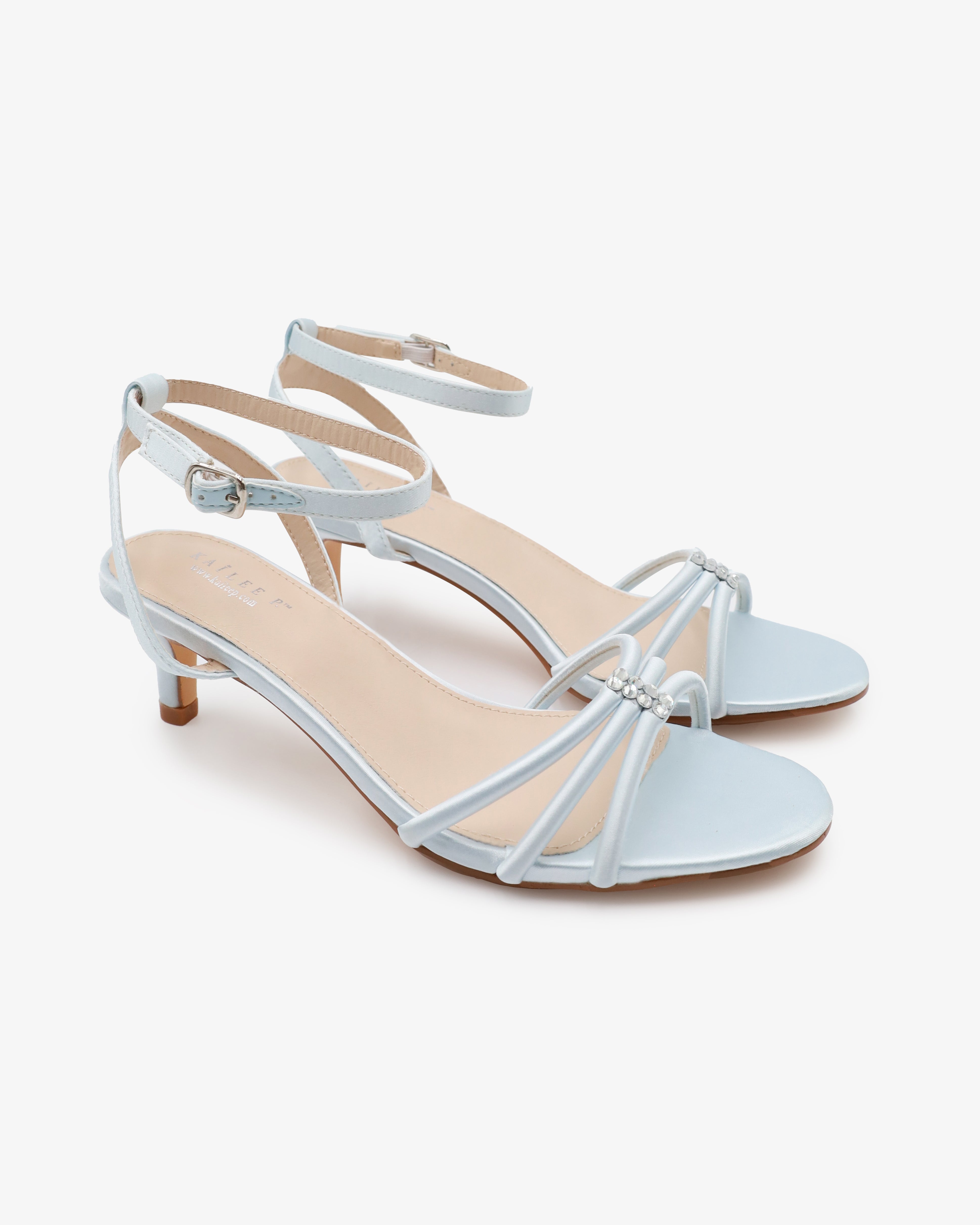 Satin Strappy Kitten Heel Wedding Sandals with Rhinestones