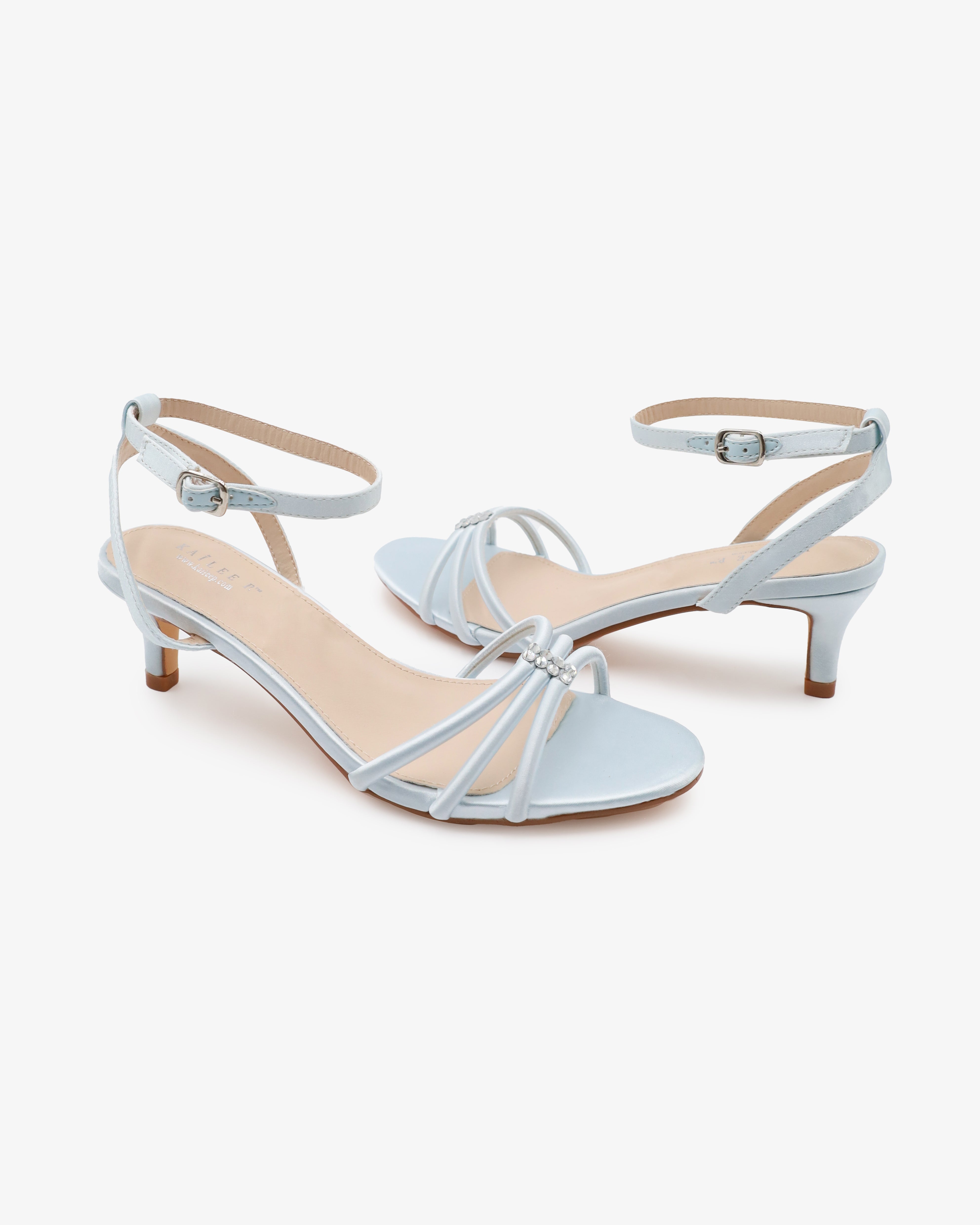 Satin Strappy Kitten Heel Wedding Sandals with Rhinestones