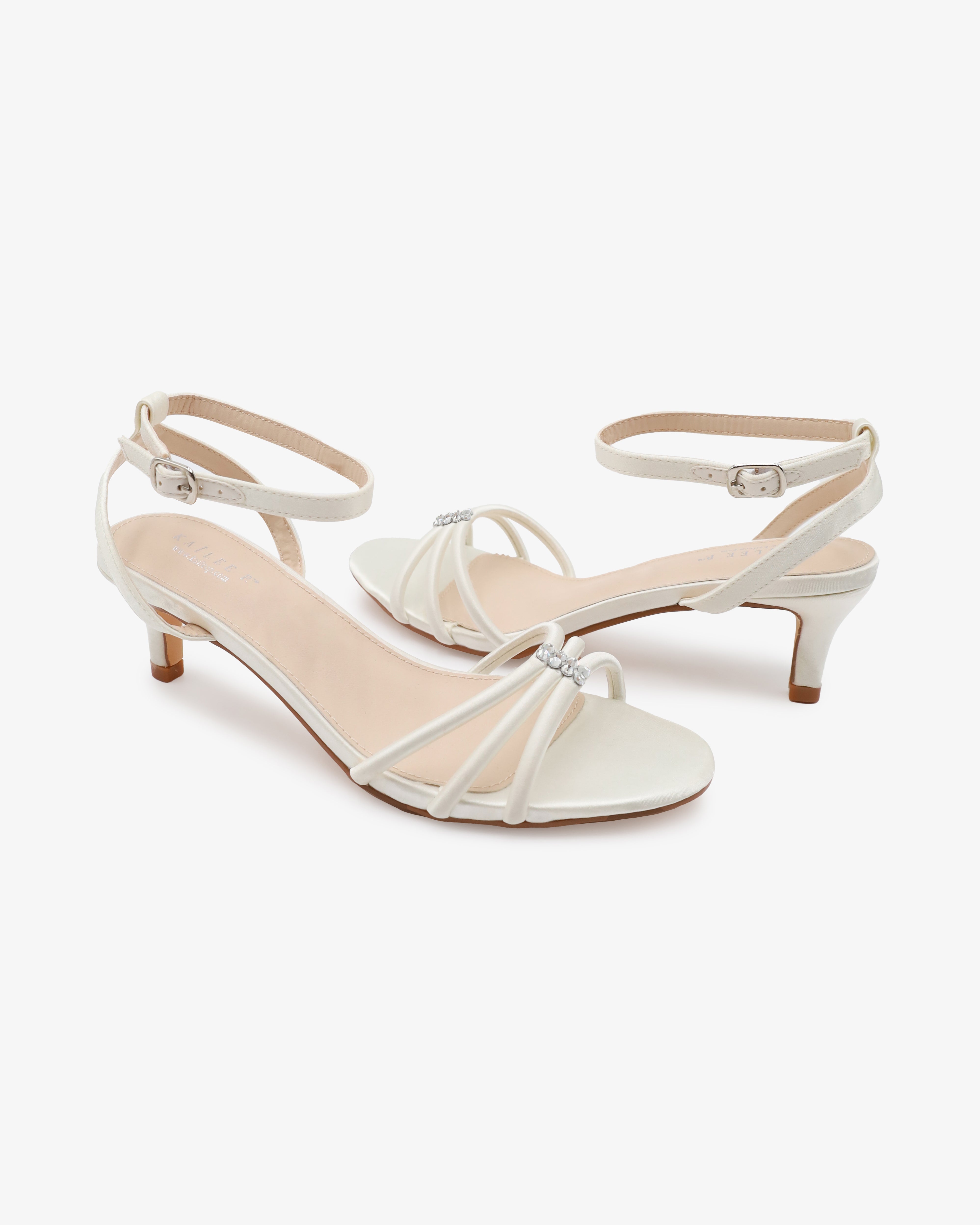 Satin Strappy Kitten Heel Wedding Sandals with Rhinestones