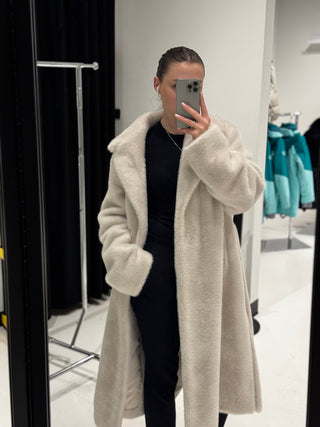 Faux Mink Effect Fur Coat in Ivory