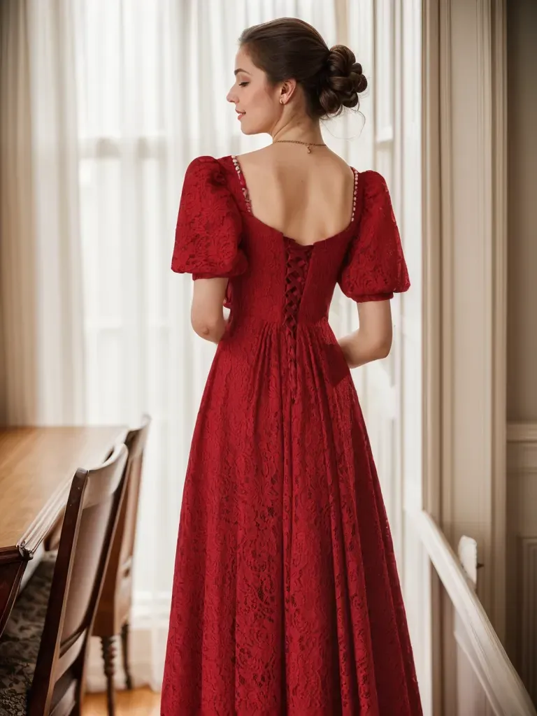 Romantic Vintage-Inspired Ruby Red Lace Midi Dress with Puff Sleeves - Glamourous Grace