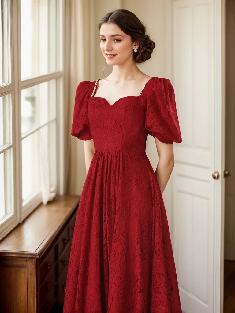 Romantic Vintage-Inspired Ruby Red Lace Midi Dress with Puff Sleeves - Glamourous Grace