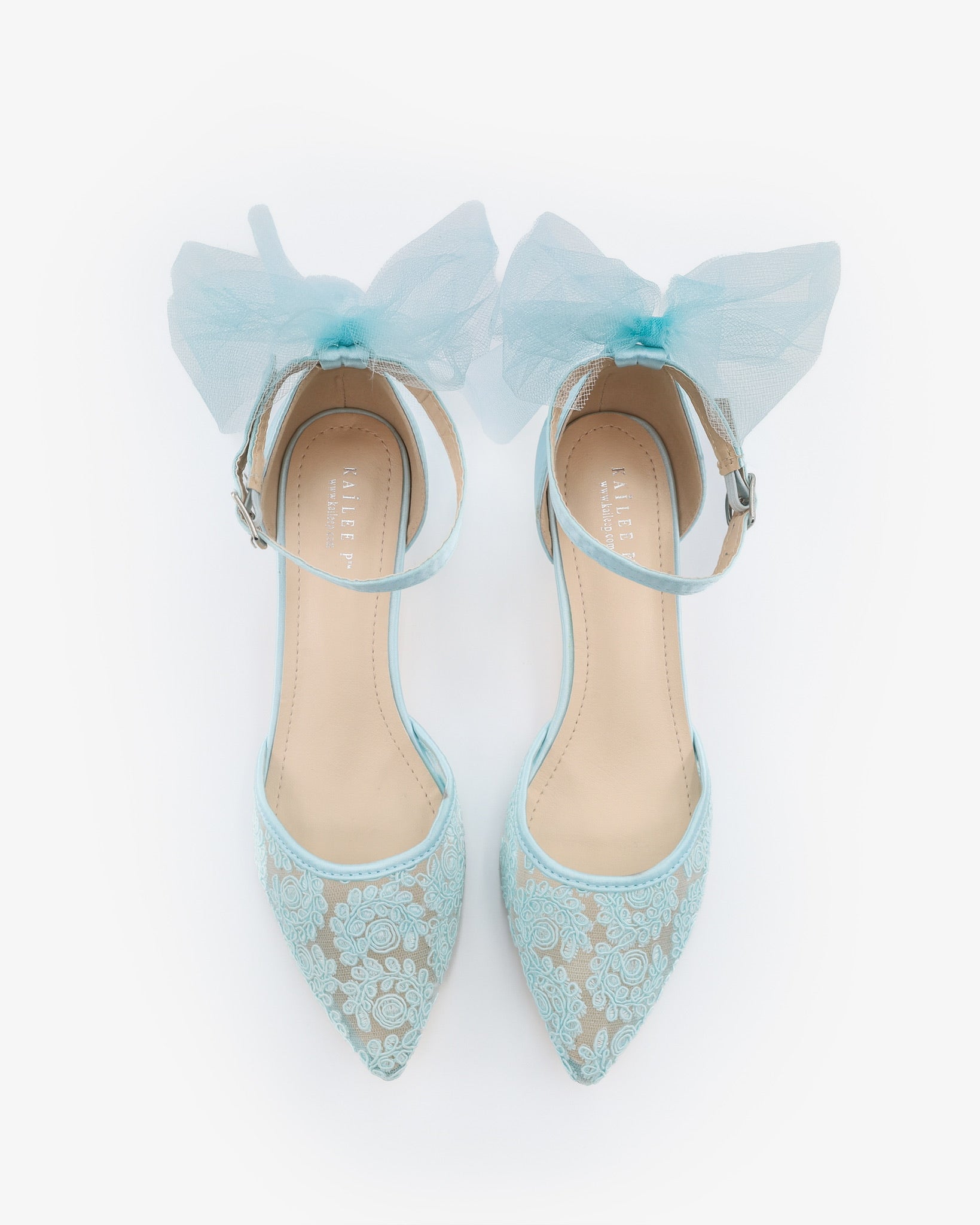 Crochet Lace Pointy Toe Wedding Kitten Low Heel with Tulle Back Bow