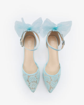 Crochet Lace Pointy Toe Wedding Kitten Low Heel with Tulle Back Bow