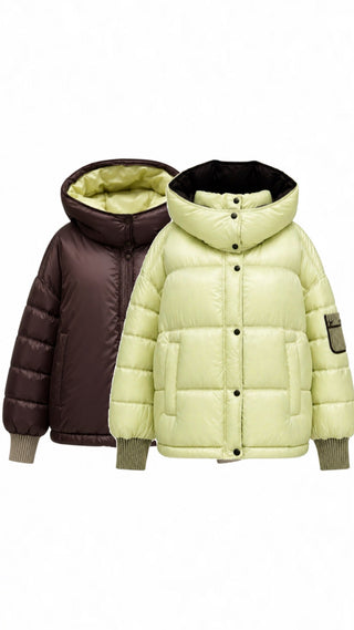 Reversible Hooded Bio-Down Jacket in Lemon/Chocolate