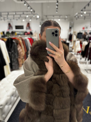 Luxury Double-Face Wool Poncho with Genuine Polar Fox
