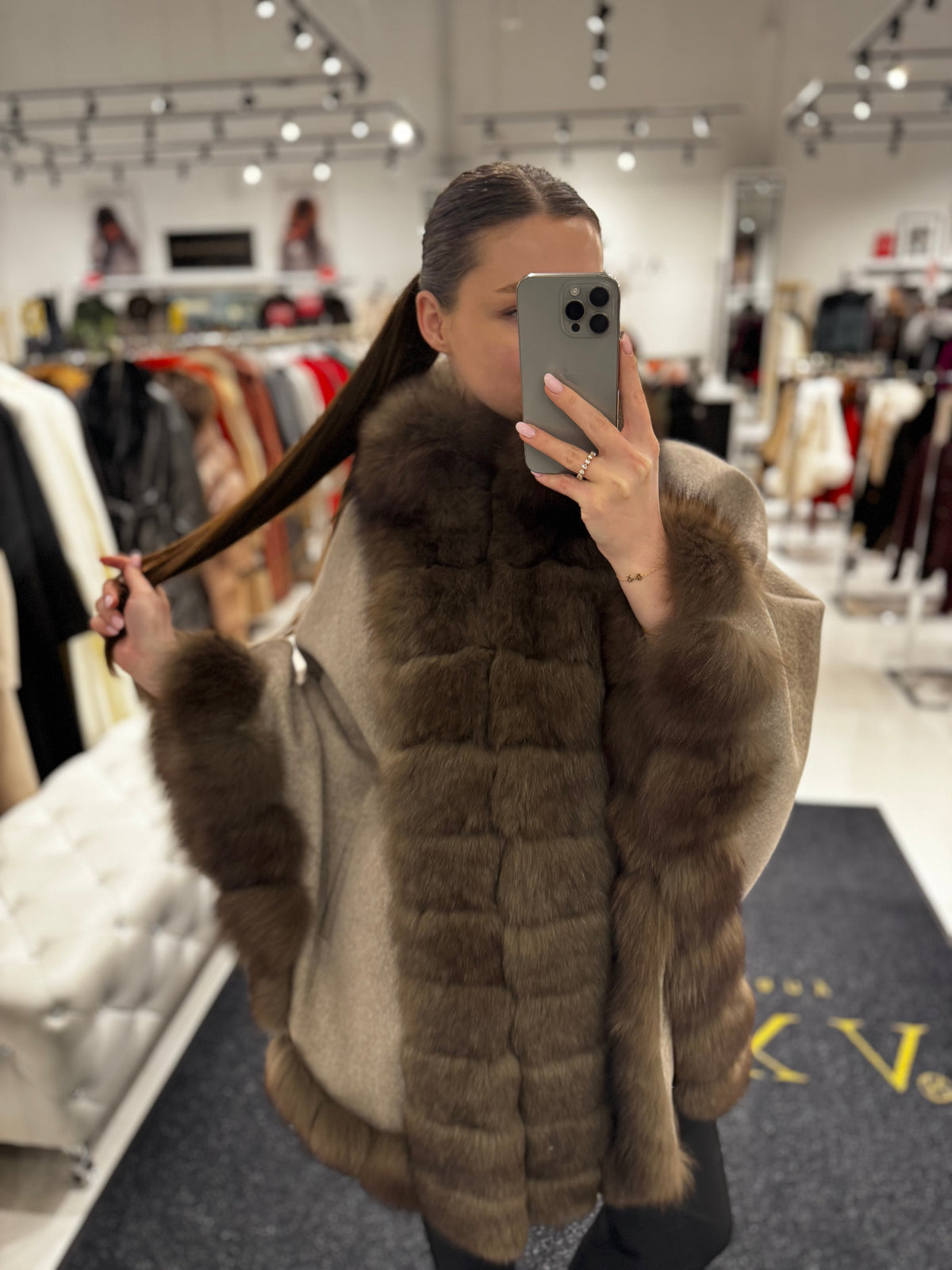 Luxury Double-Face Wool Poncho with Genuine Polar Fox