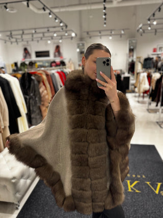 Luxury Double-Face Wool Poncho with Genuine Polar Fox