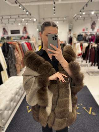 Luxury Double-Face Wool Poncho with Genuine Polar Fox