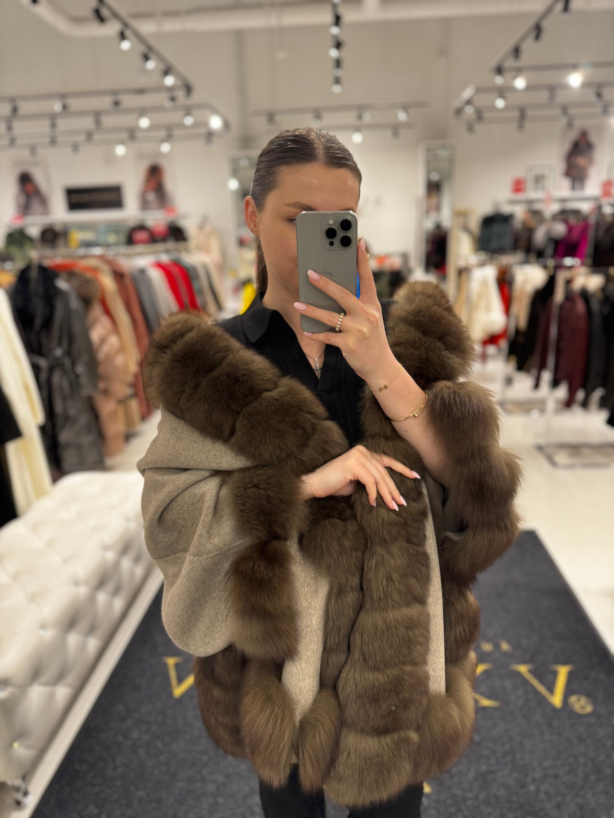 Luxury Double-Face Wool Poncho with Genuine Polar Fox