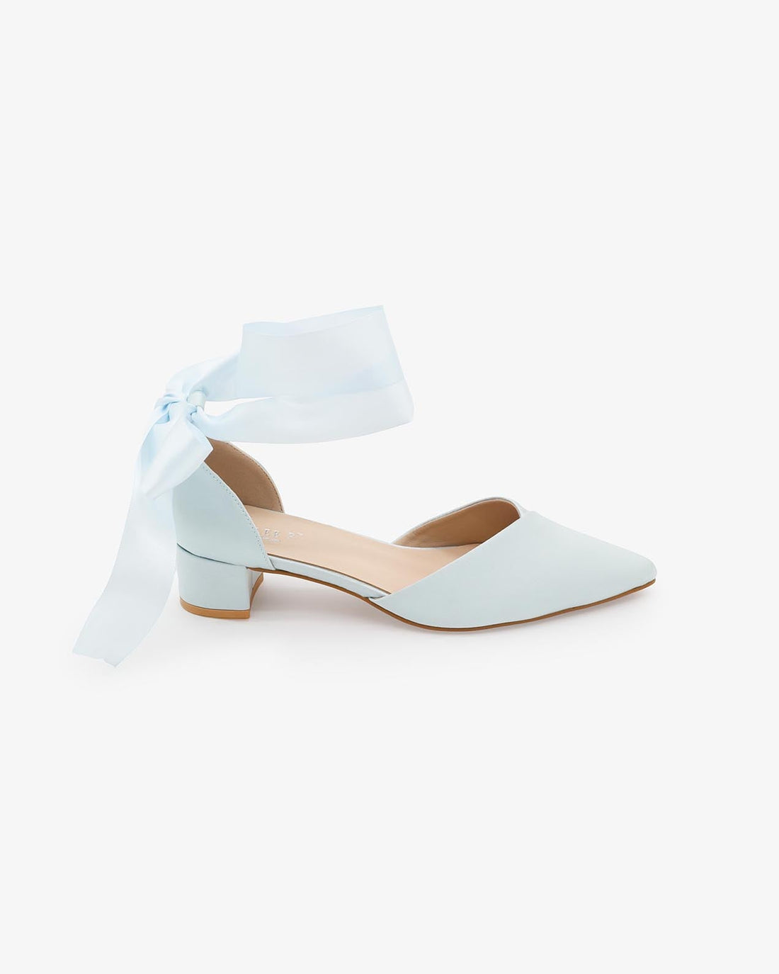 Satin Pointy Toe Low Block Heels Wedding Shoes with Wrapped Ribbon Tie - Glamourous Grace