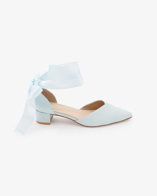 Satin Pointy Toe Low Block Heels Wedding Shoes with Wrapped Ribbon Tie