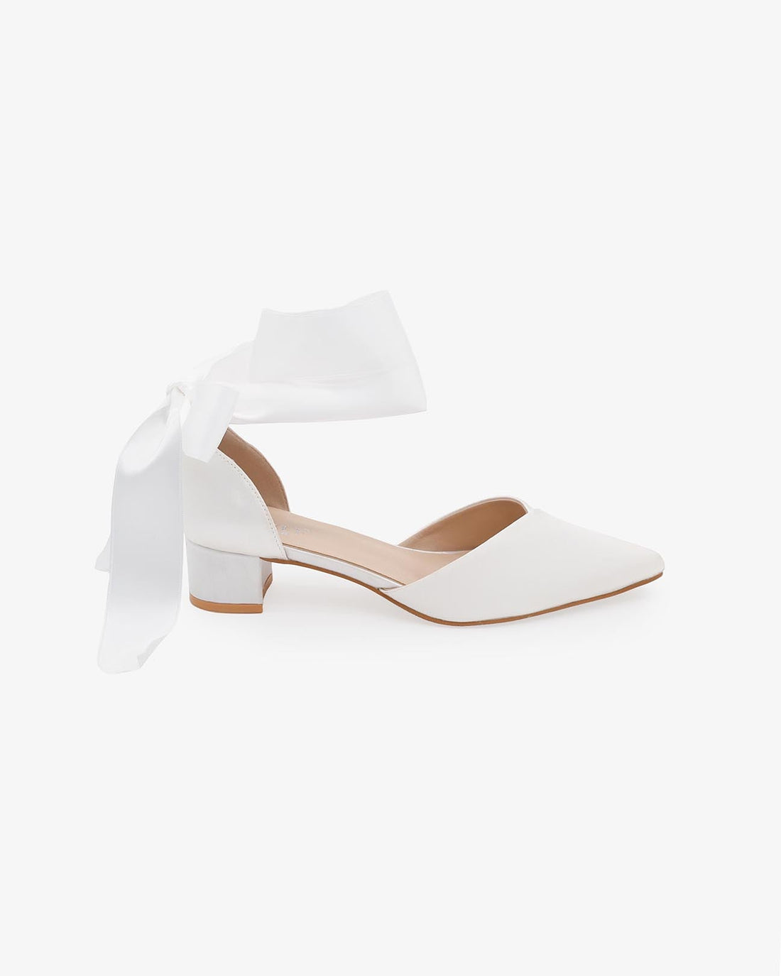 Satin Pointy Toe Low Block Heels Wedding Shoes with Wrapped Ribbon Tie - Glamourous Grace