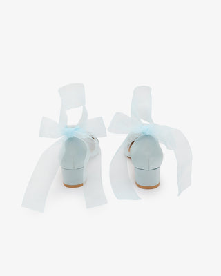 Satin Pointy Toe Low Block Heels Wedding Shoes with Wrapped Ribbon Tie