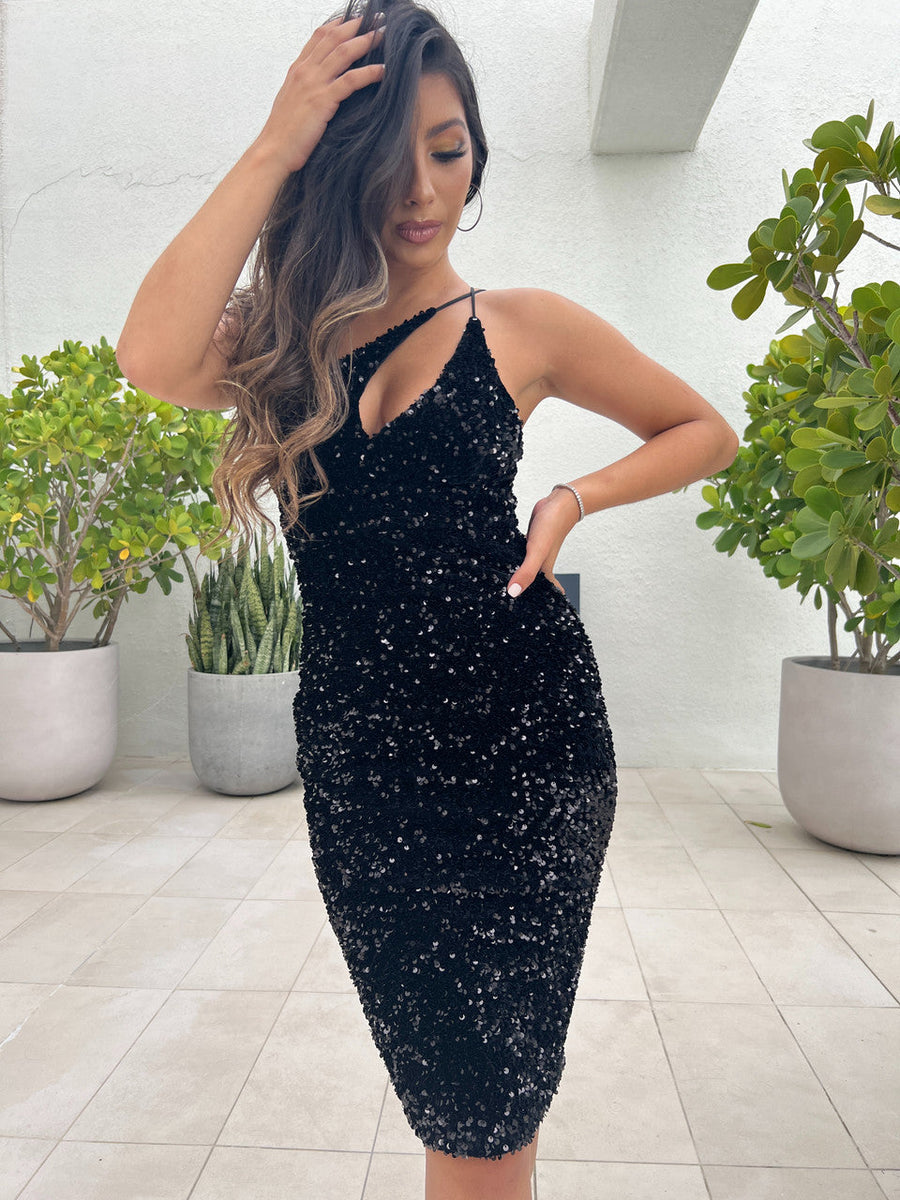 Size XS, Venice Midi Dress - Black Sequin Dress - FINAL SALE - Glamourous Grace