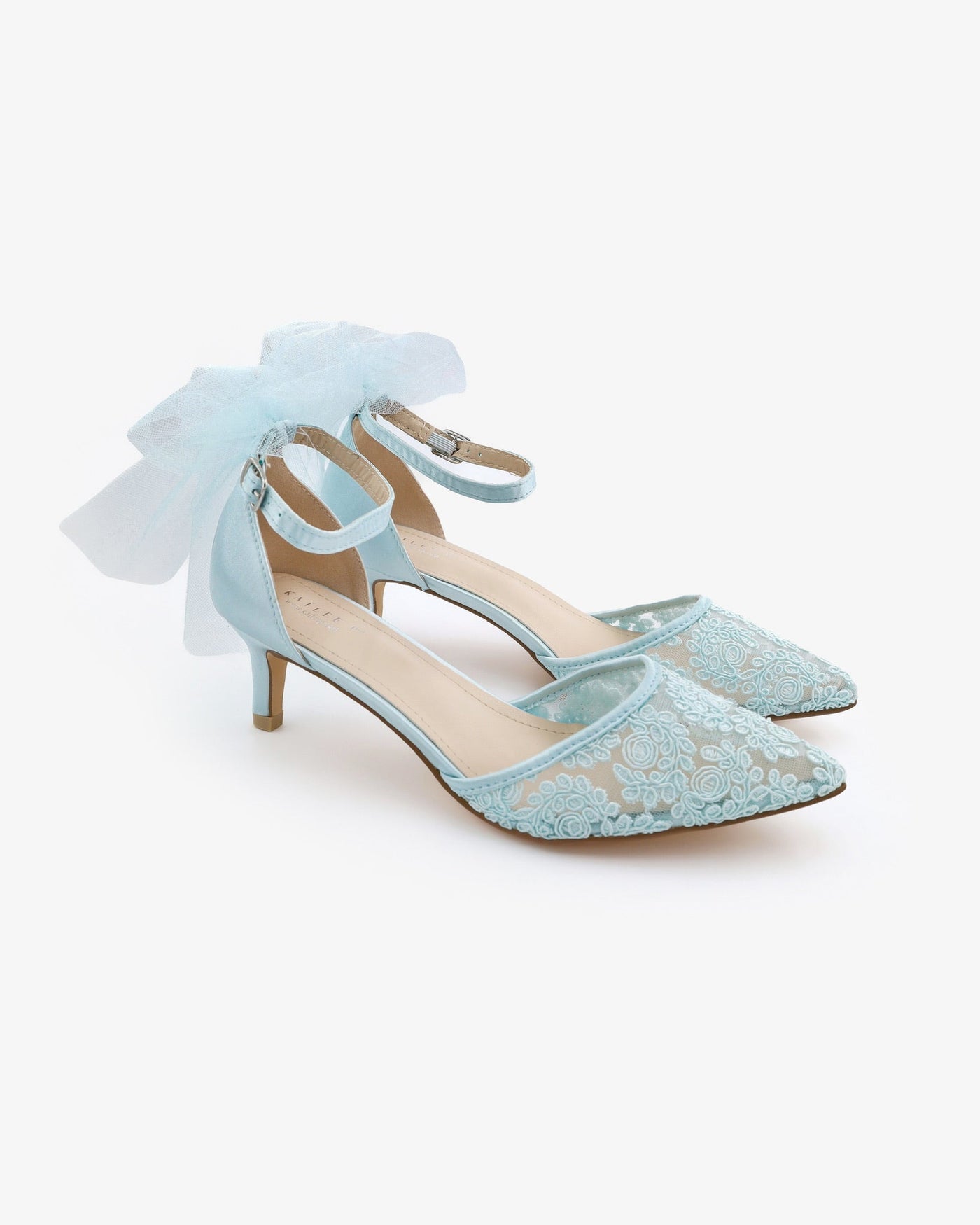 Crochet Lace Pointy Toe Wedding Kitten Low Heel with Tulle Back Bow - Glamourous Grace