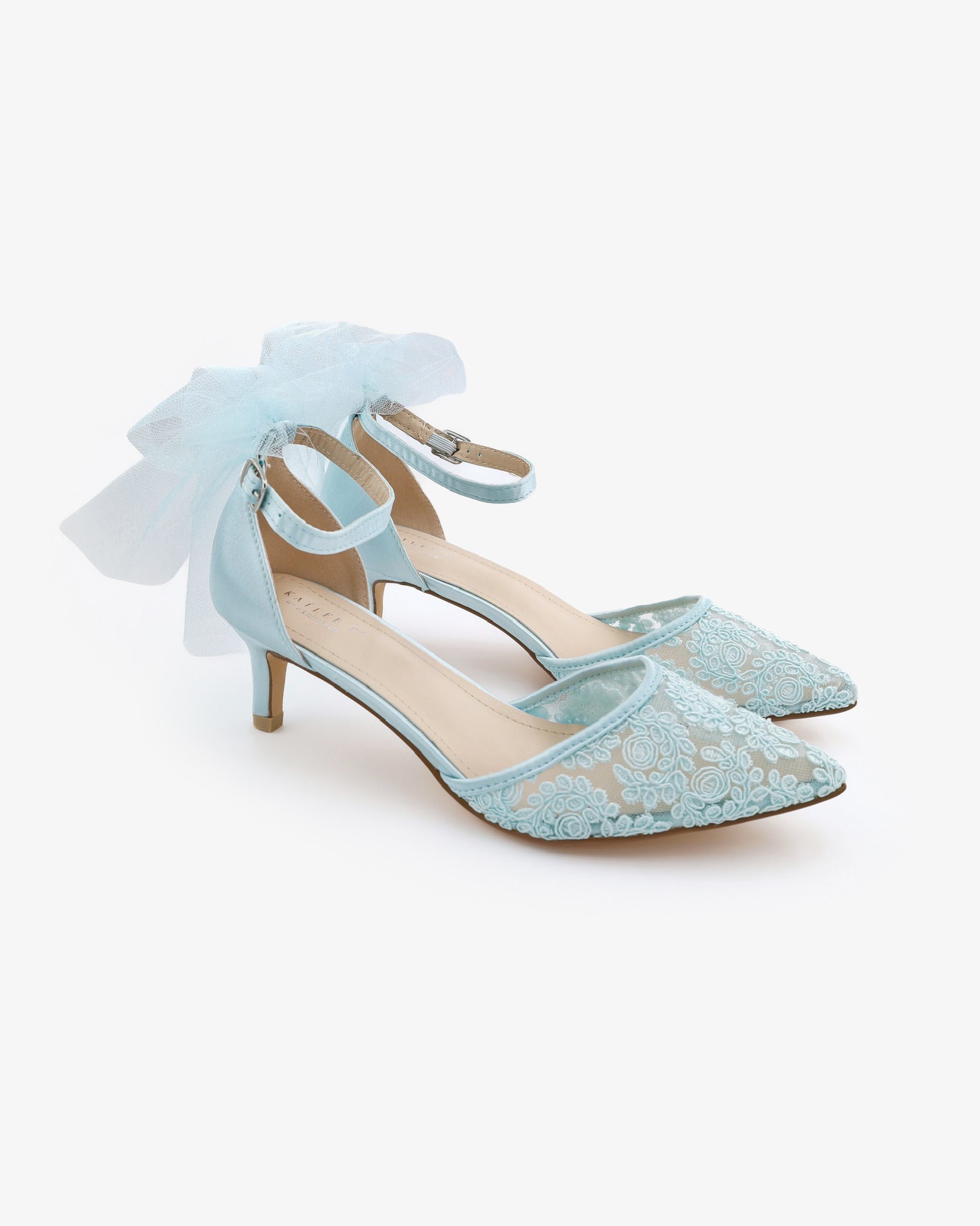 Crochet Lace Pointy Toe Wedding Kitten Low Heel with Tulle Back Bow