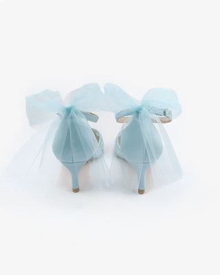 Crochet Lace Pointy Toe Wedding Kitten Low Heel with Tulle Back Bow
