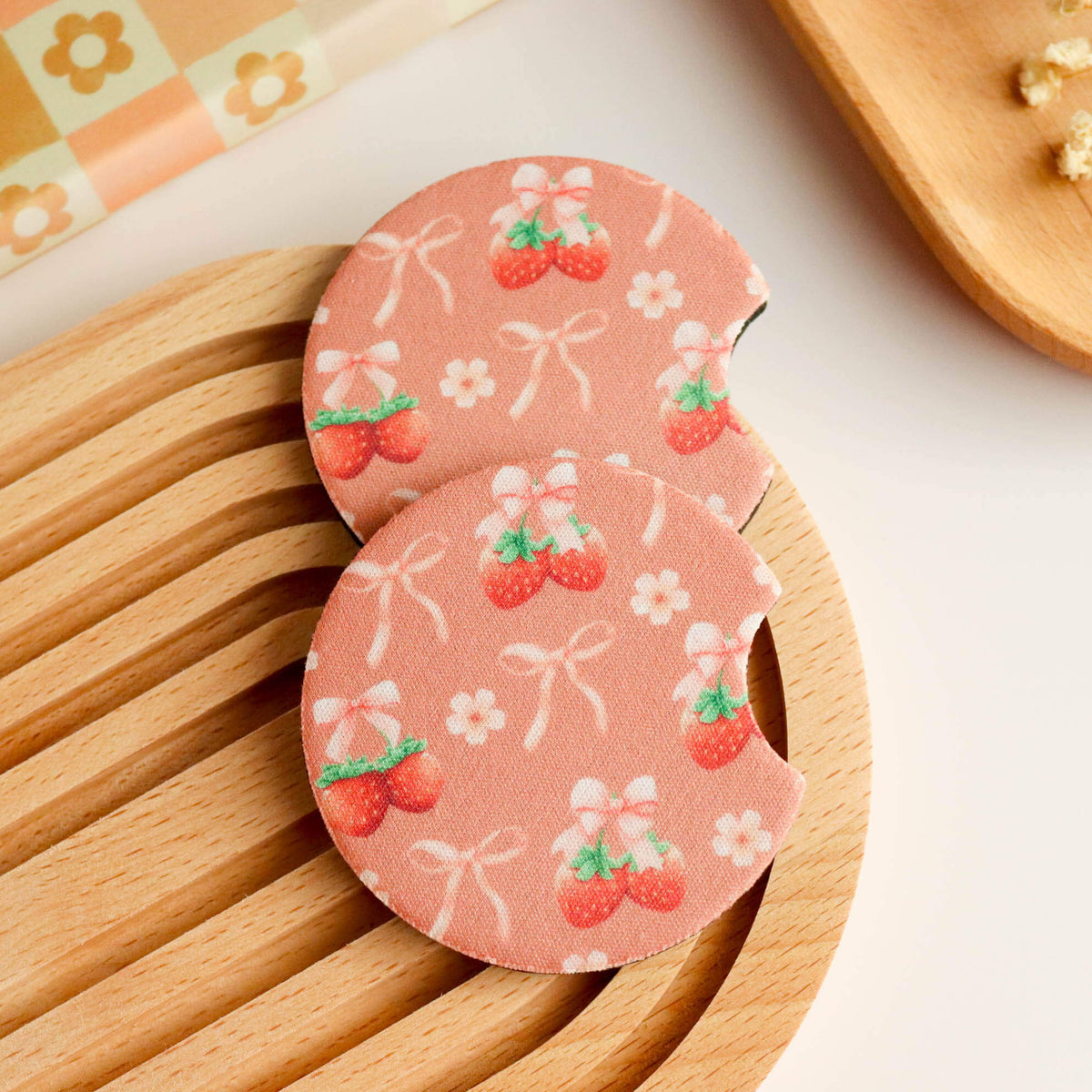 Strawberries and Bows Car Coaster (Set of 2) - Glamourous Grace