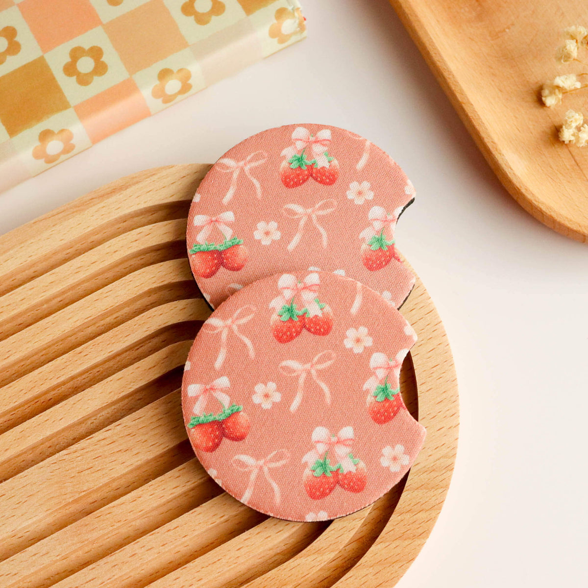 Strawberries and Bows Car Coaster (Set of 2) - Glamourous Grace