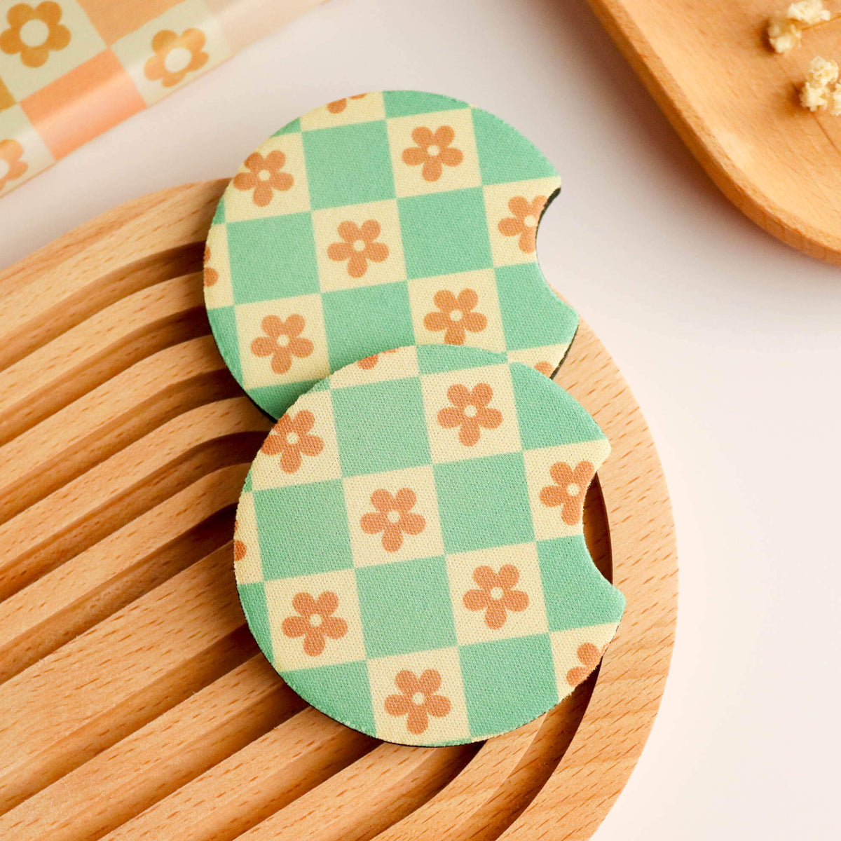 Checkered Daisies Car Coaster (Set of 2) - Glamourous Grace