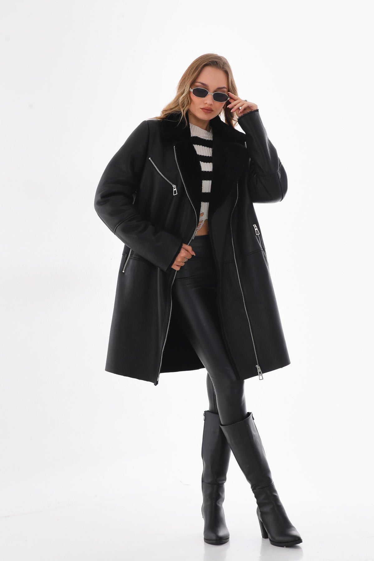 The Onyx Black Shearling & Fox Fur Leather Women Jacket