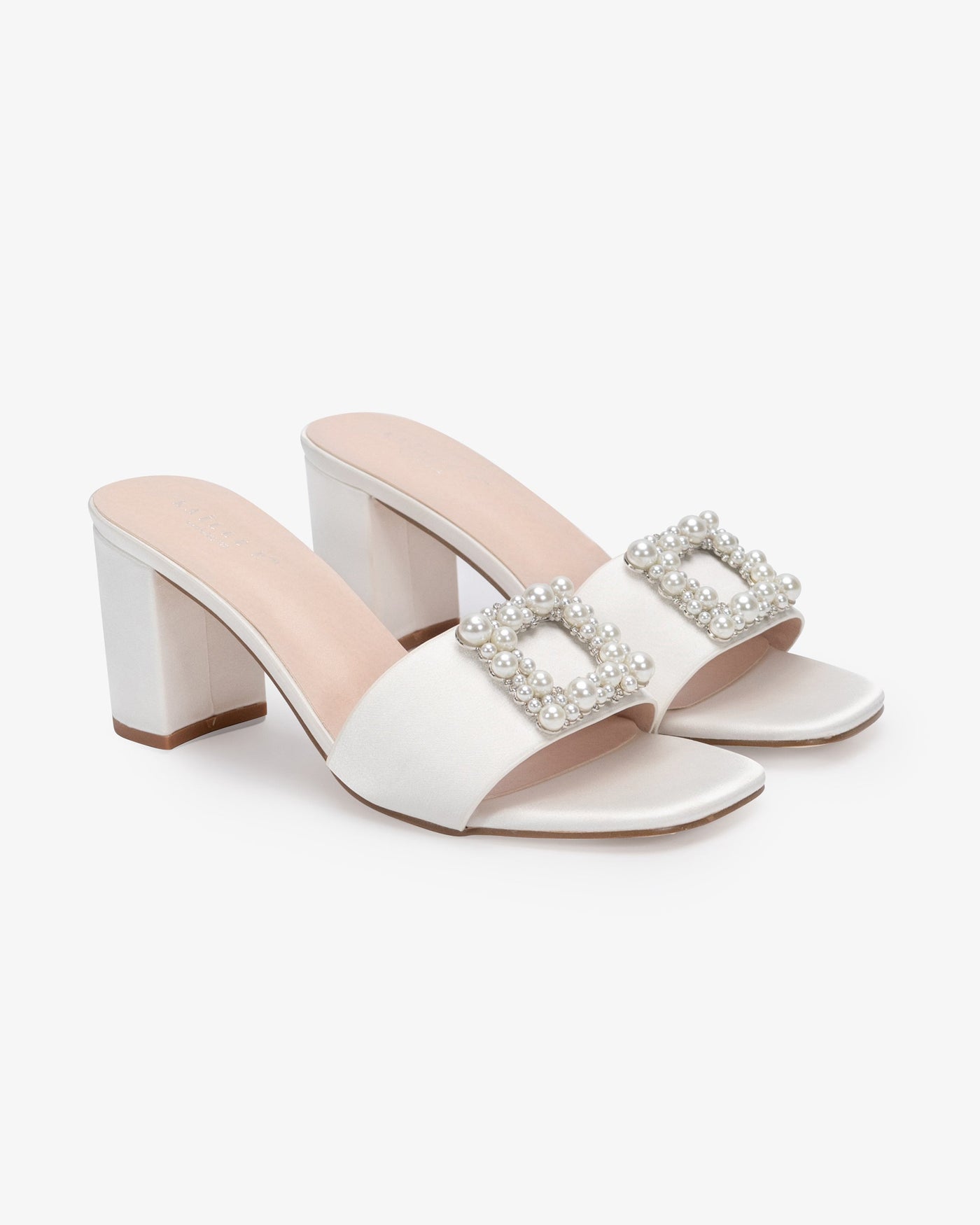 Satin Block Heels Slide Wedding Sandals with Pearlisse Buckle - Glamourous Grace