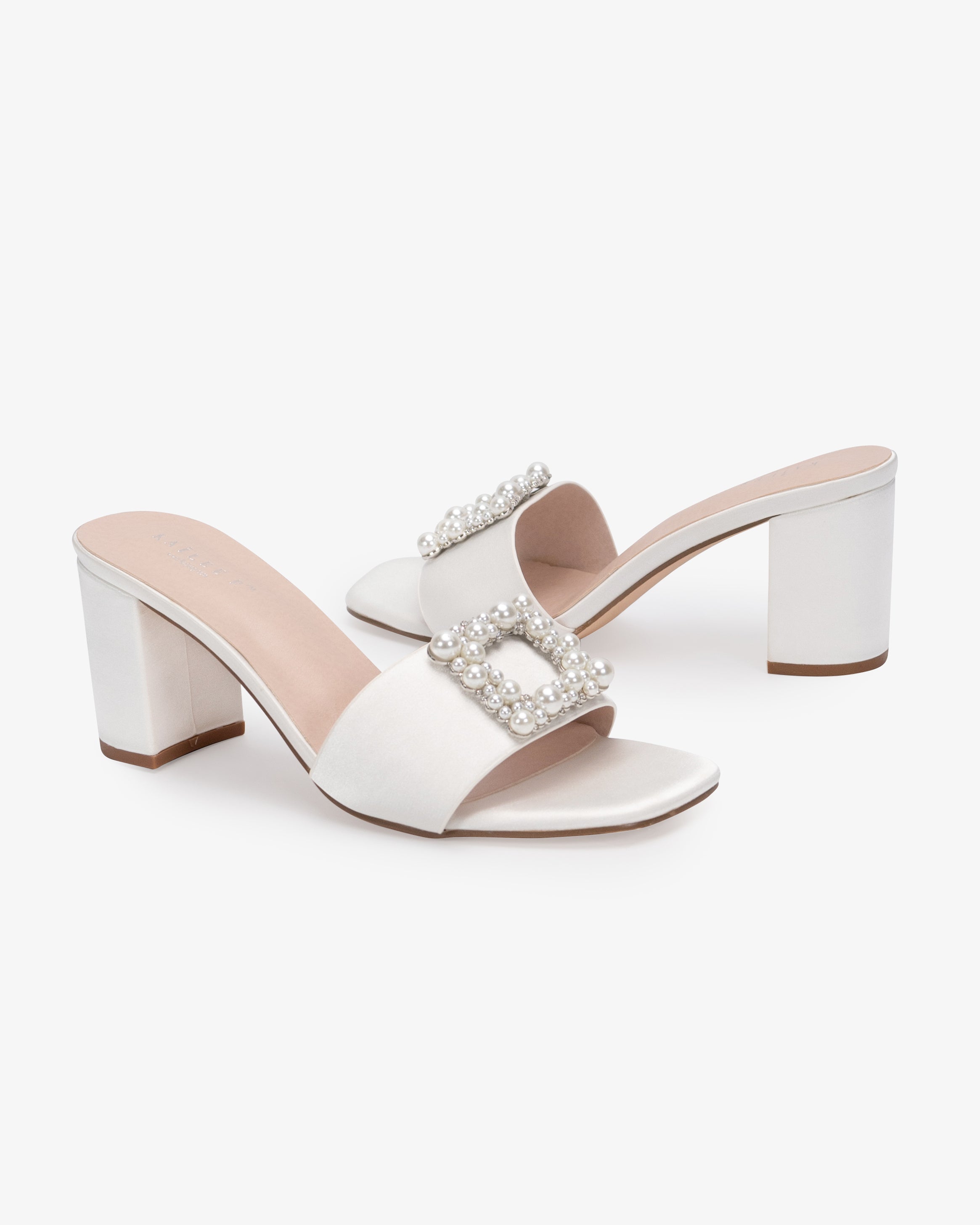 Satin Block Heels Slide Wedding Sandals with Pearlisse Buckle