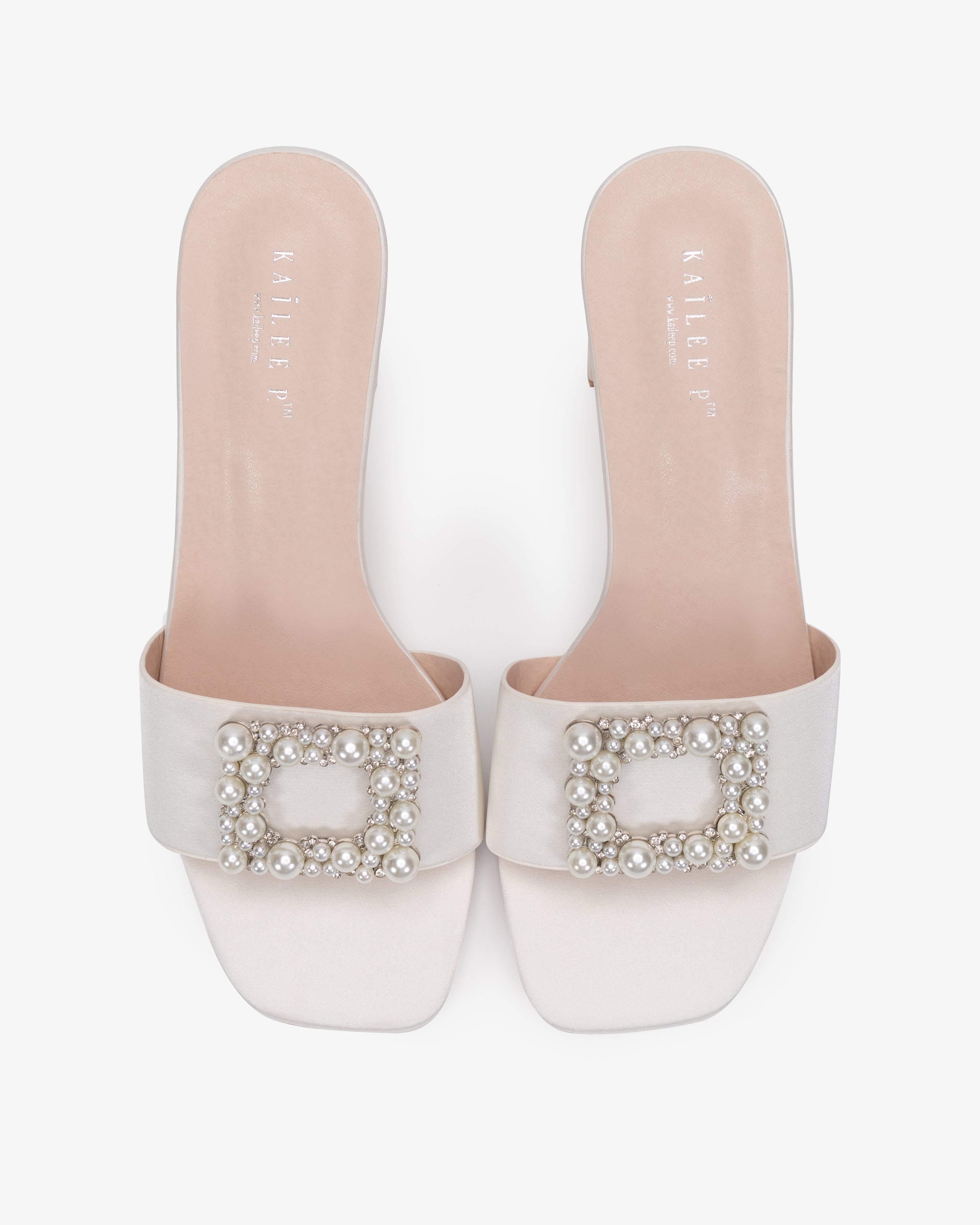 Satin Block Heels Slide Wedding Sandals with Pearlisse Buckle