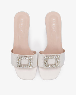 Satin Block Heels Slide Wedding Sandals with Pearlisse Buckle