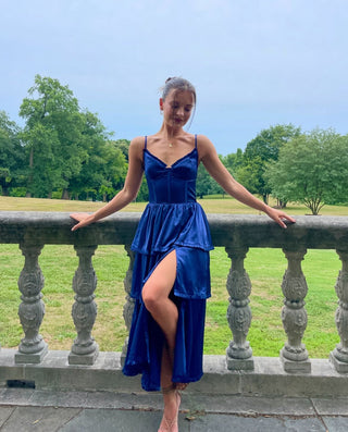 Maeve Corset Midi Dress - Navy Satin - Glamourous Grace
