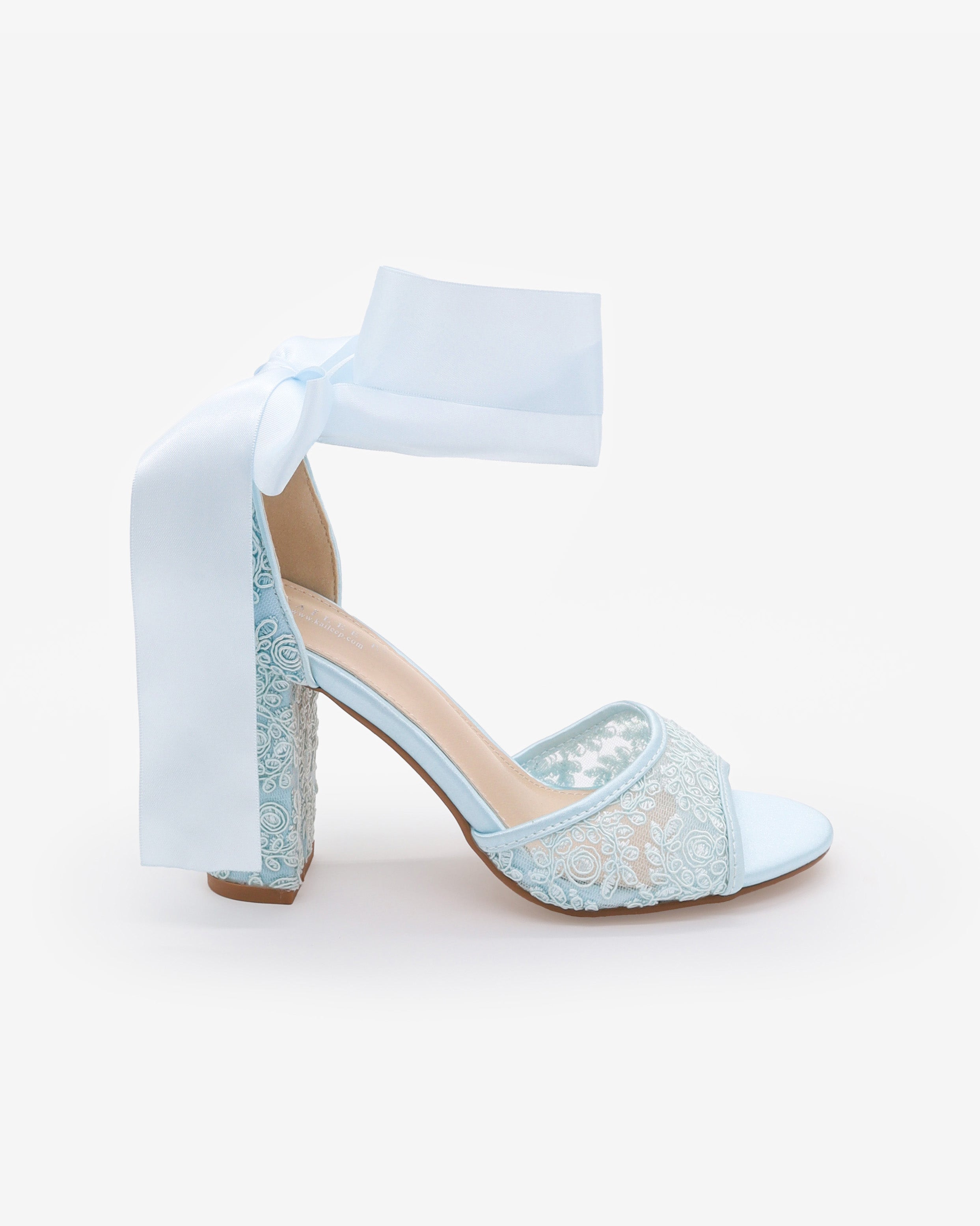 Crochet Lace Block Heel Sandals with Wrapped Ribbon Tie