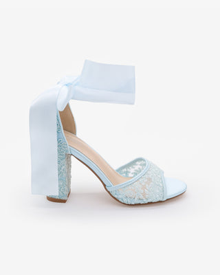Crochet Lace Block Heel Sandals with Wrapped Ribbon Tie