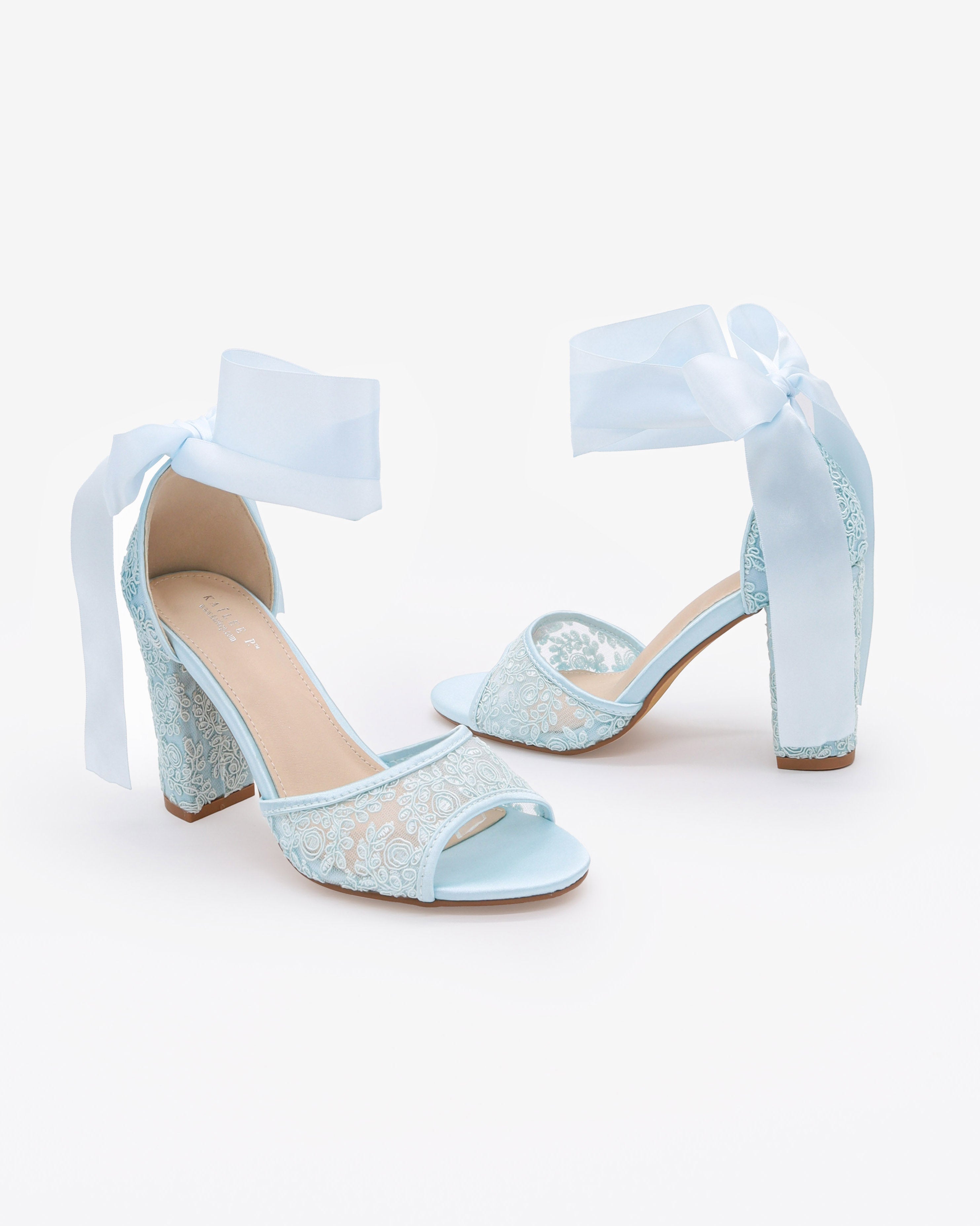 Crochet Lace Block Heel Sandals with Wrapped Ribbon Tie
