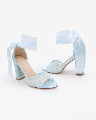 Crochet Lace Block Heel Sandals with Wrapped Ribbon Tie