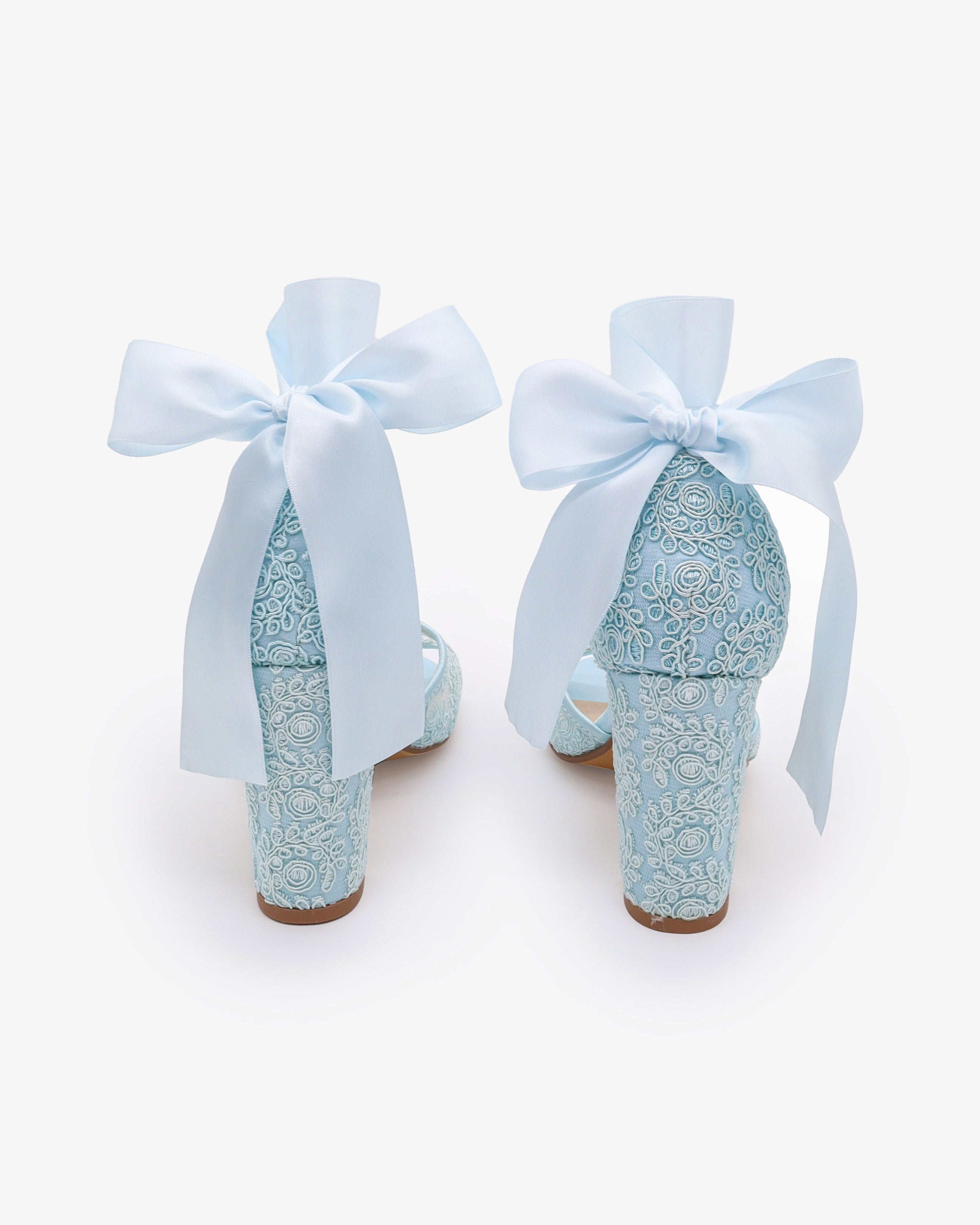 Crochet Lace Block Heel Sandals with Wrapped Ribbon Tie