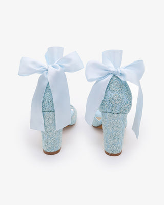 Crochet Lace Block Heel Sandals with Wrapped Ribbon Tie