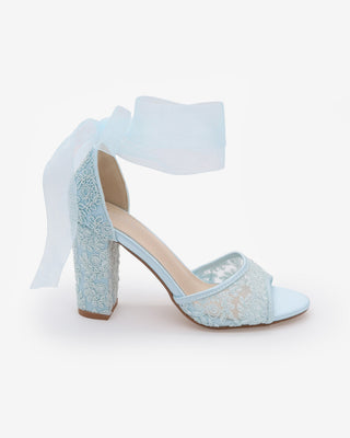 Crochet Lace Block Heel Sandals with Wrapped Ribbon Tie