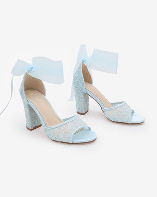 Crochet Lace Block Heel Sandals with Wrapped Ribbon Tie