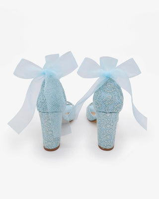 Crochet Lace Block Heel Sandals with Wrapped Ribbon Tie